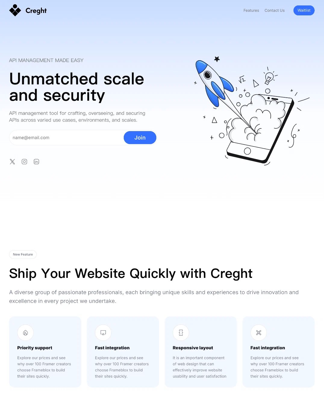 API 管理工具网站模板，浅蓝背景与火箭插画