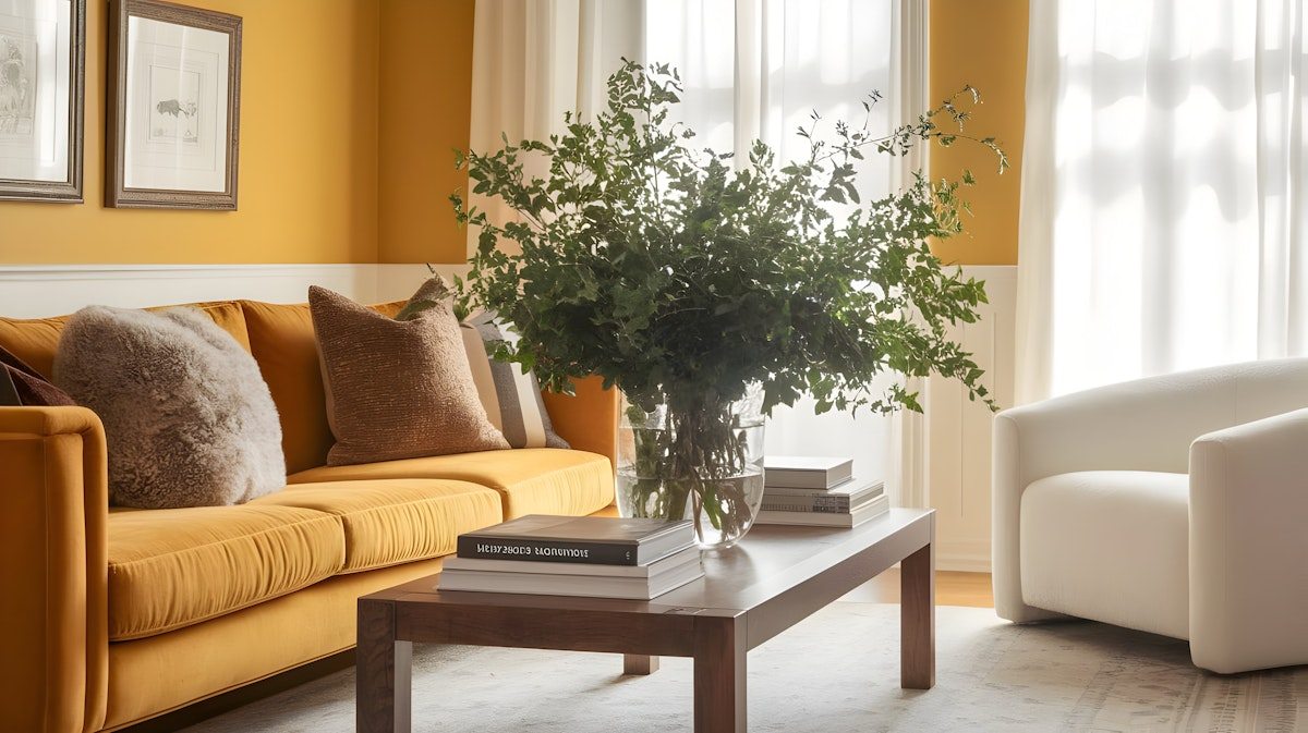 Elegant minimalist sofa in a bright, airy room with beige and light green tones