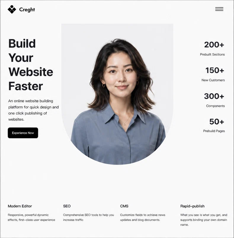 Creght AI website builder landing page with portrait hero
