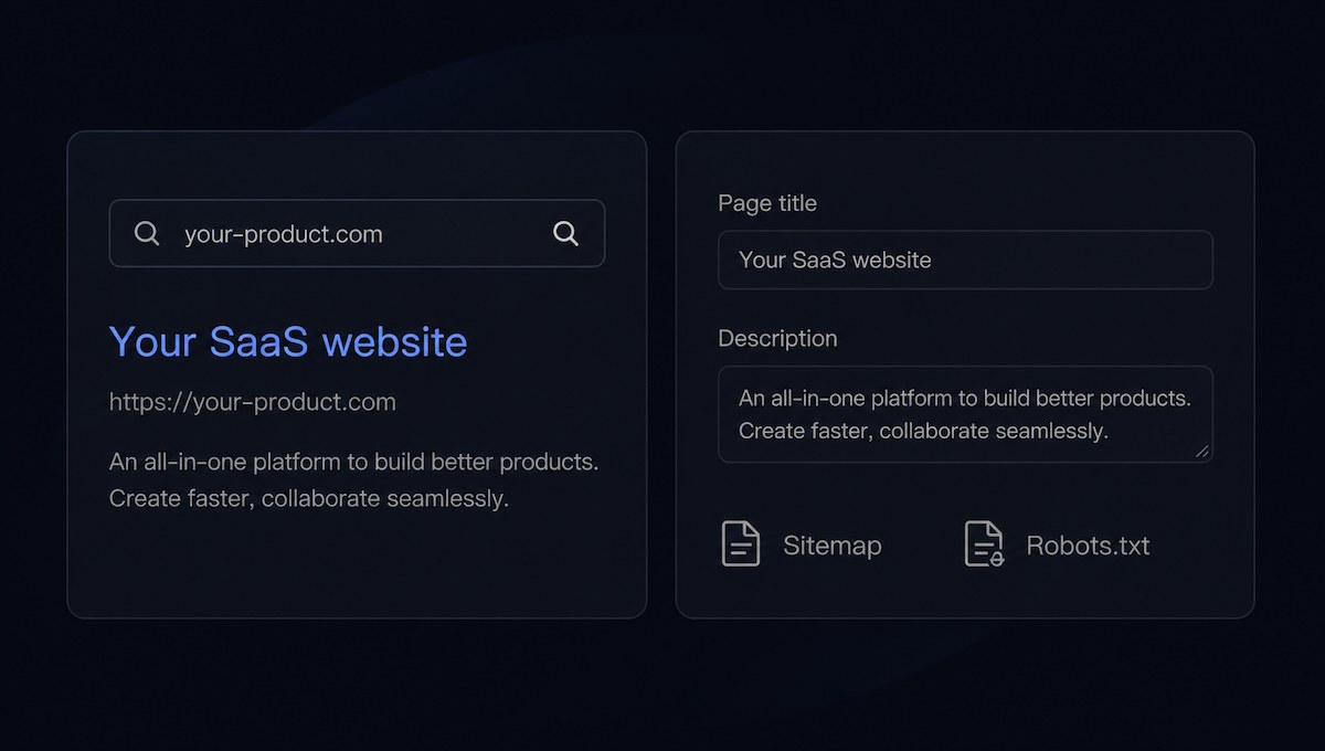 SEO concept: a search preview with title, description, sitemap, and robots settings