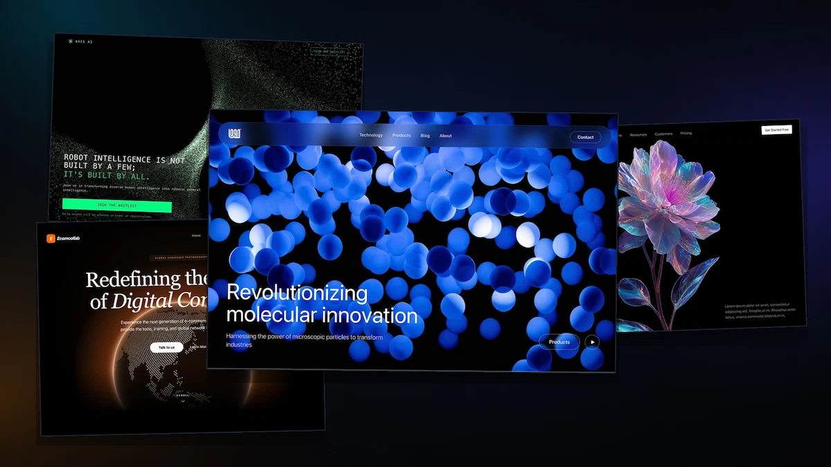 Website materials concept: a dark SaaS homepage, a light feature page, and a pricing section