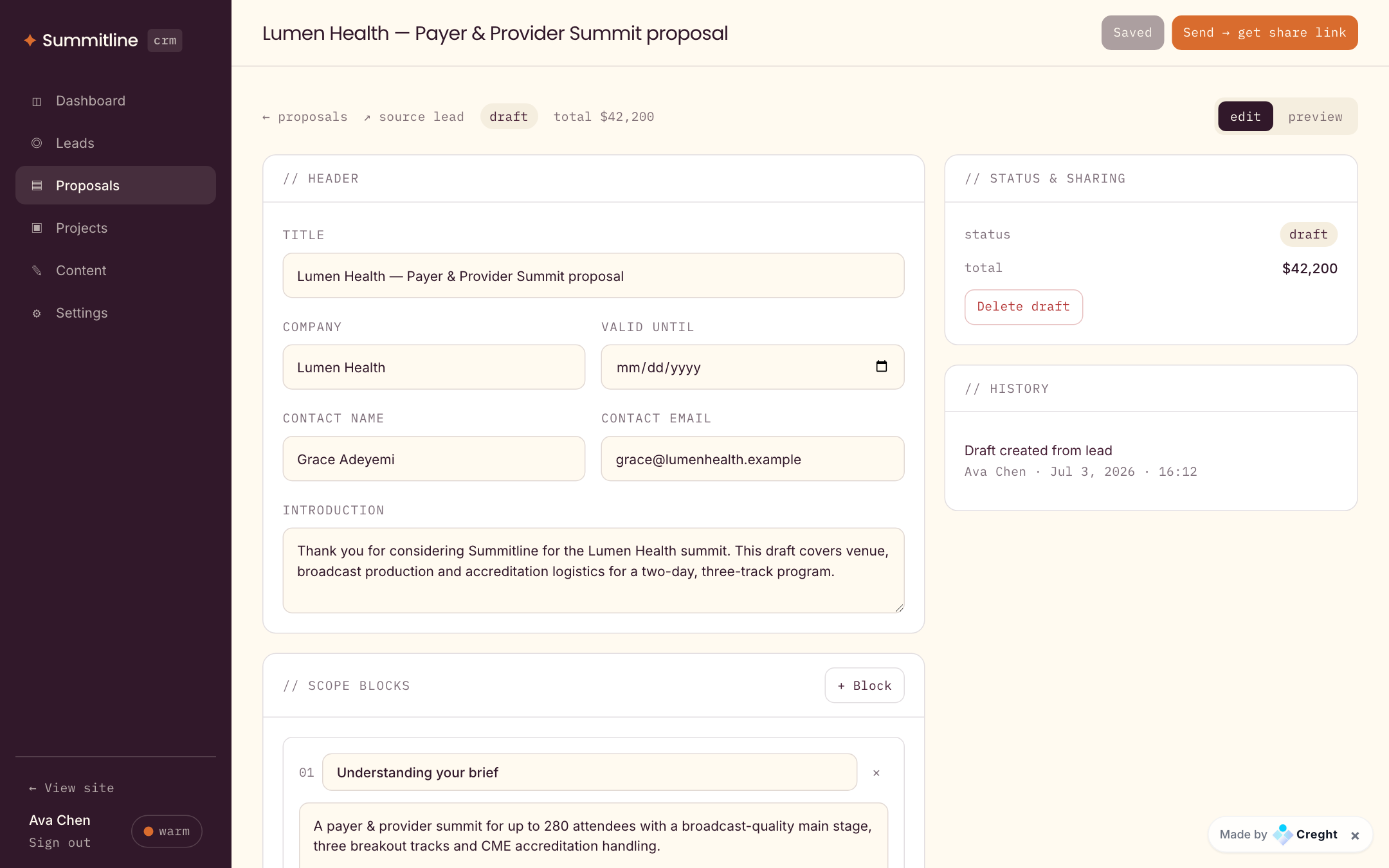Proposals — draft, send, get decided detail