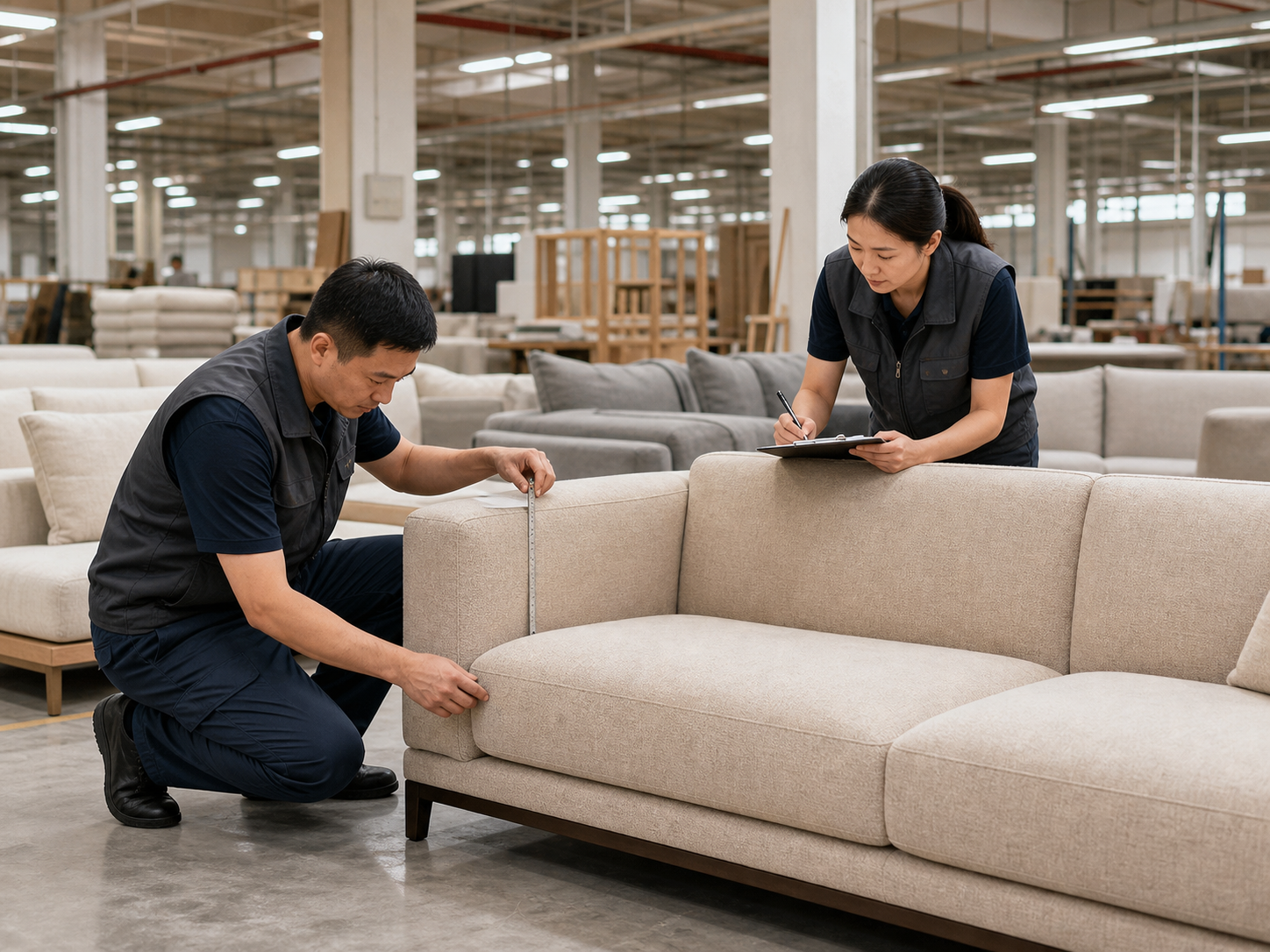 Furniture quality inspectors checking a finished sofa inside the Novahaus demonstration factory