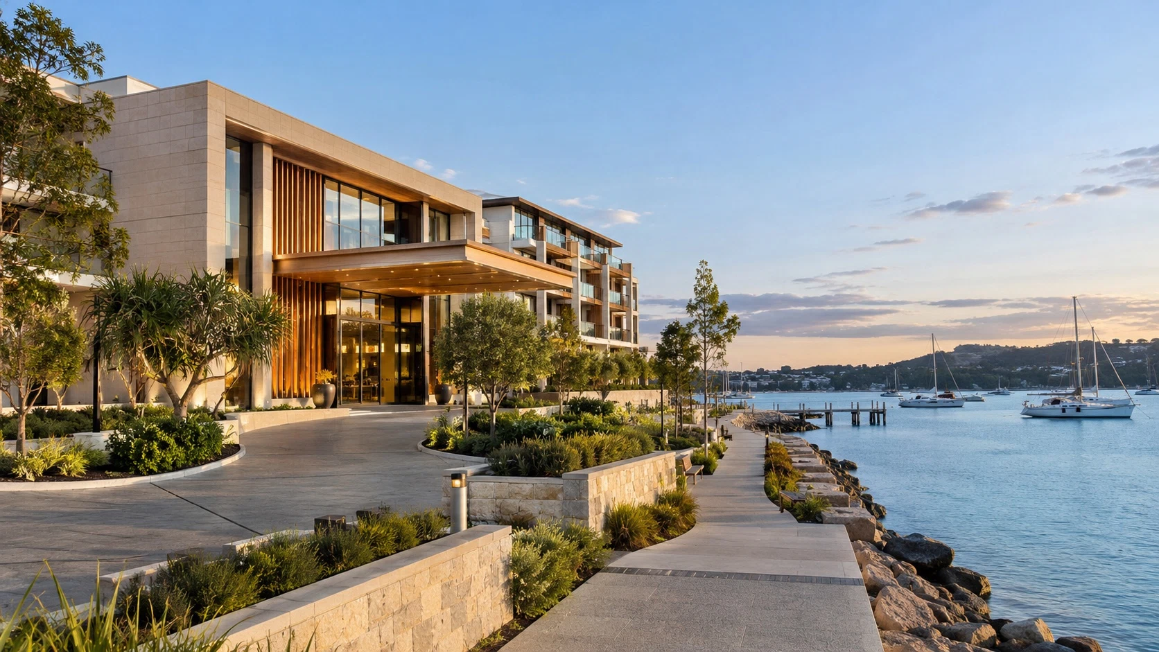 Illustrative waterfront conference hotel with a landscaped entrance beside the harbor