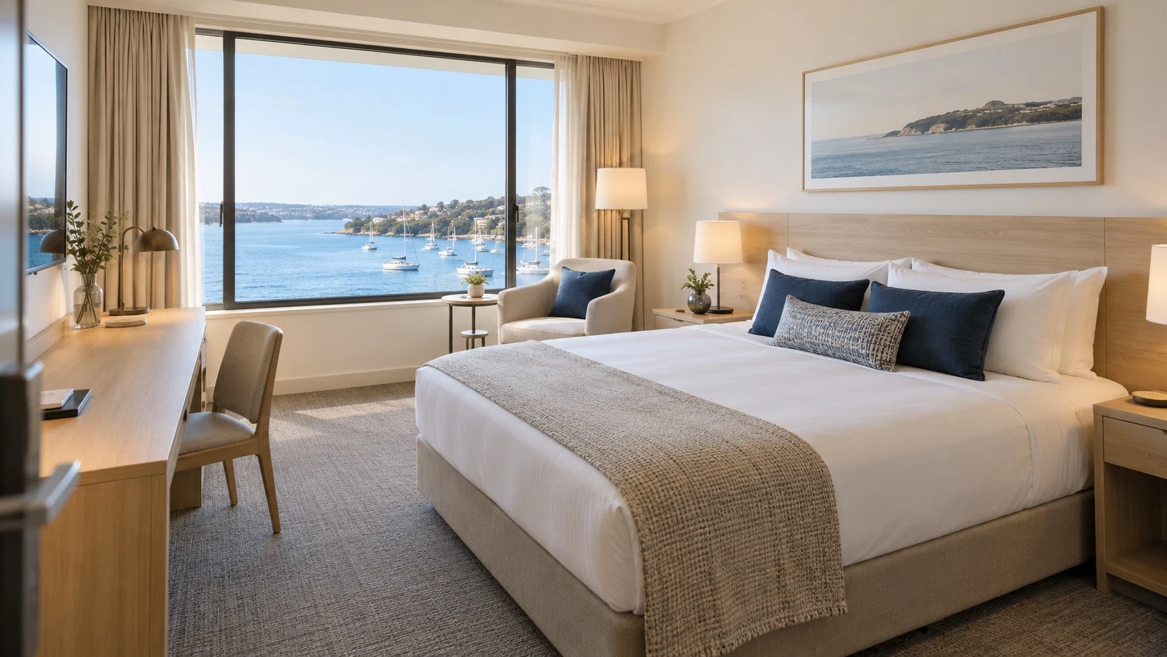 Illustrative hotel guest room with a double bed, writing desk and harbor view