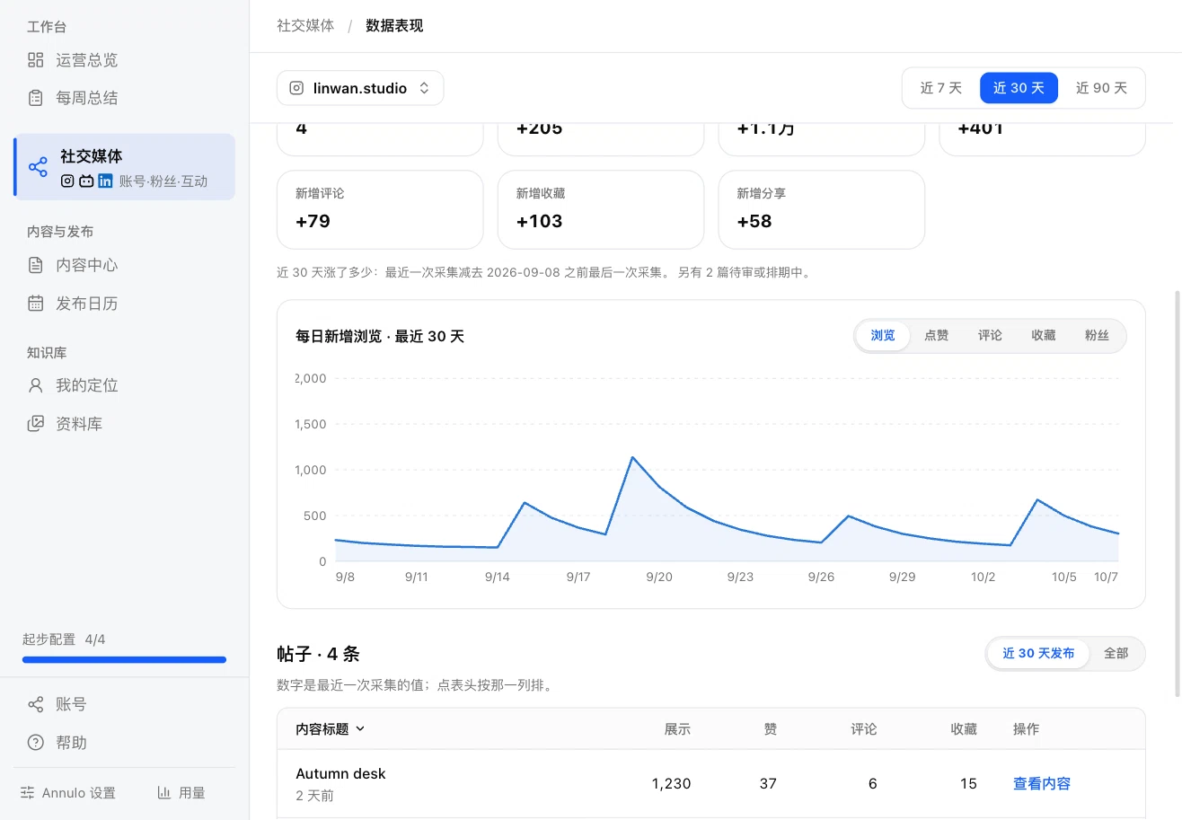Social media · Performance: one account's followers and posts