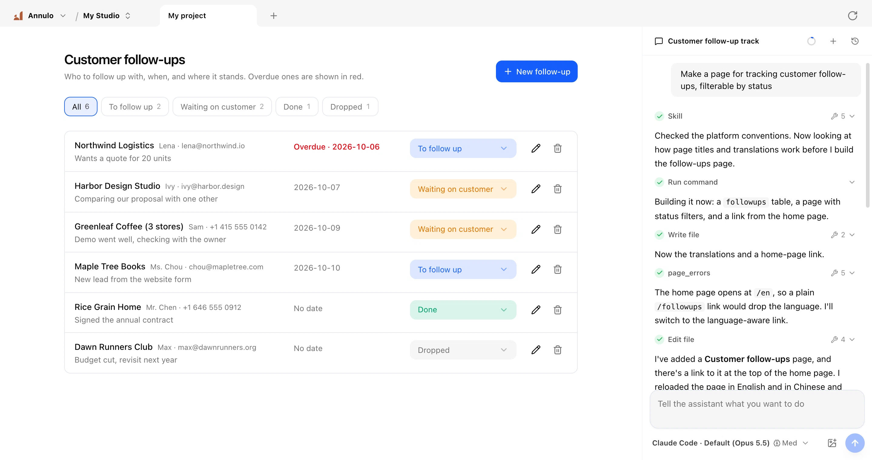 After asking "Make a page for tracking customer follow-ups, filterable by status": the finished page on the left, the assistant on the right